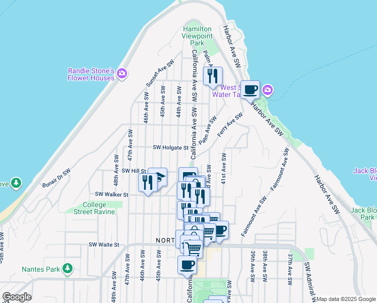 map of restaurants, bars, coffee shops, grocery stores, and more near 1901 California Avenue Southwest in Seattle