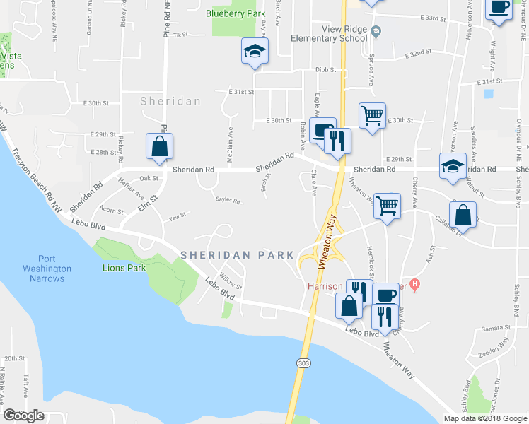 map of restaurants, bars, coffee shops, grocery stores, and more near 2800 Birch Street in Bremerton