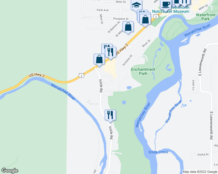 map of restaurants, bars, coffee shops, grocery stores, and more near 12670 Icicle Place in Leavenworth