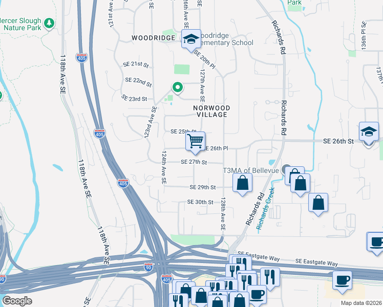 map of restaurants, bars, coffee shops, grocery stores, and more near 12447 Southeast 27th Street in Bellevue