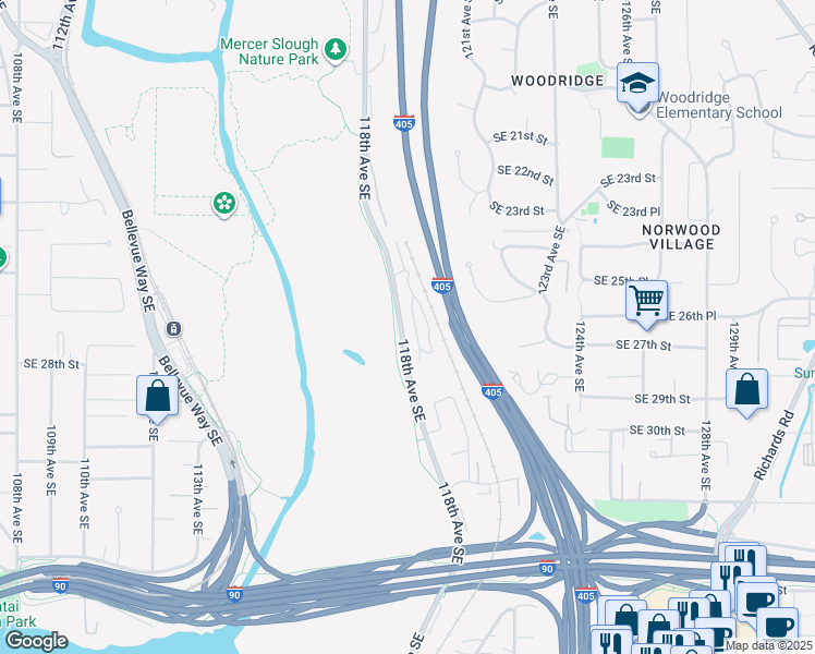 map of restaurants, bars, coffee shops, grocery stores, and more near 2680 118th Avenue Southeast in Bellevue