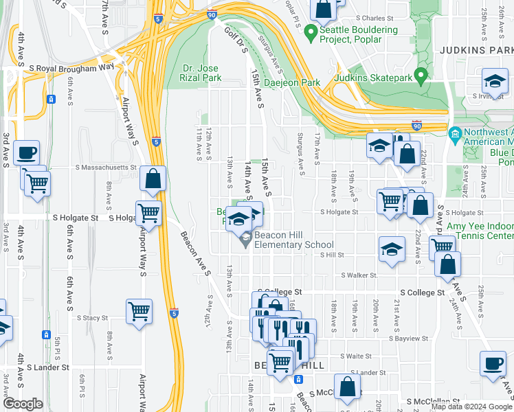 map of restaurants, bars, coffee shops, grocery stores, and more near 1912 14th Avenue South in Seattle