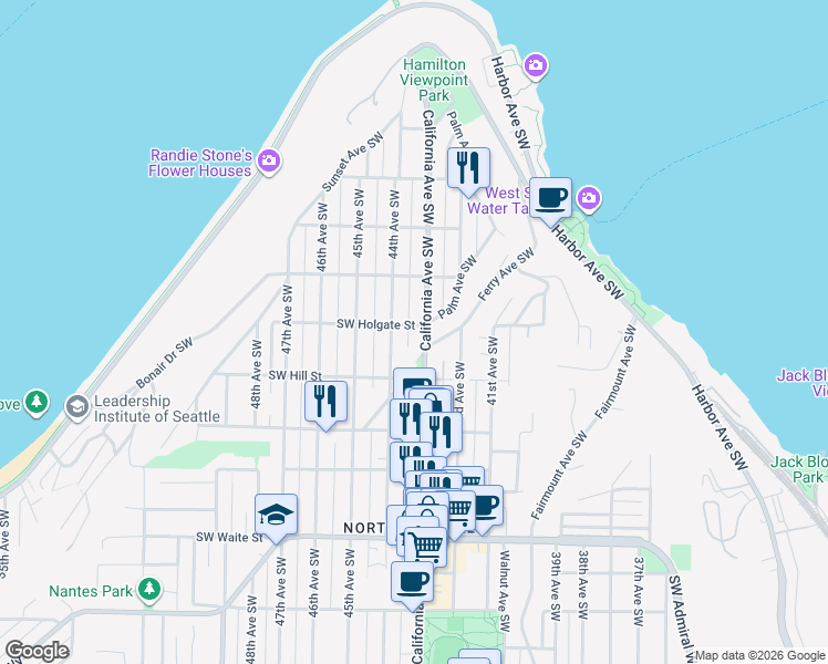 map of restaurants, bars, coffee shops, grocery stores, and more near 2001 California Avenue Southwest in Seattle