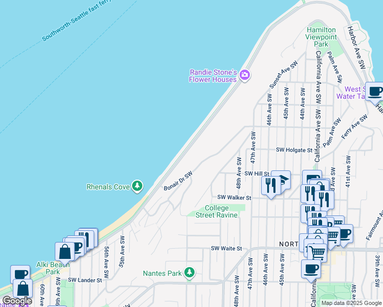 map of restaurants, bars, coffee shops, grocery stores, and more near 1780 Alki Avenue Southwest in Seattle