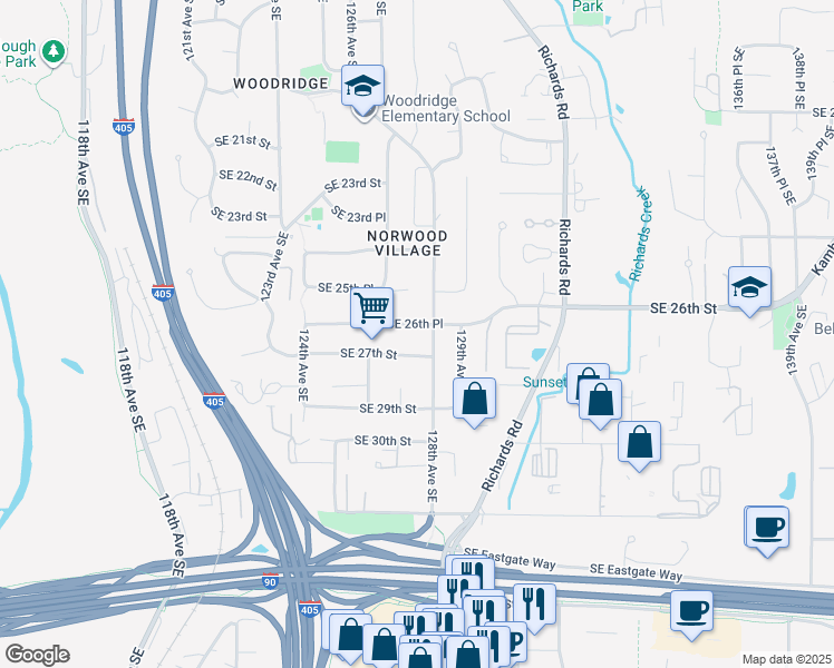 map of restaurants, bars, coffee shops, grocery stores, and more near 12631 Southeast 27th Street in Bellevue