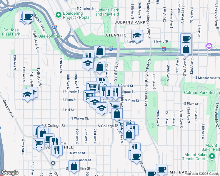 map of restaurants, bars, coffee shops, grocery stores, and more near 2201 South Grand Street in Seattle