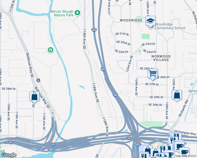map of restaurants, bars, coffee shops, grocery stores, and more near 2680 118th Avenue Southeast in Bellevue