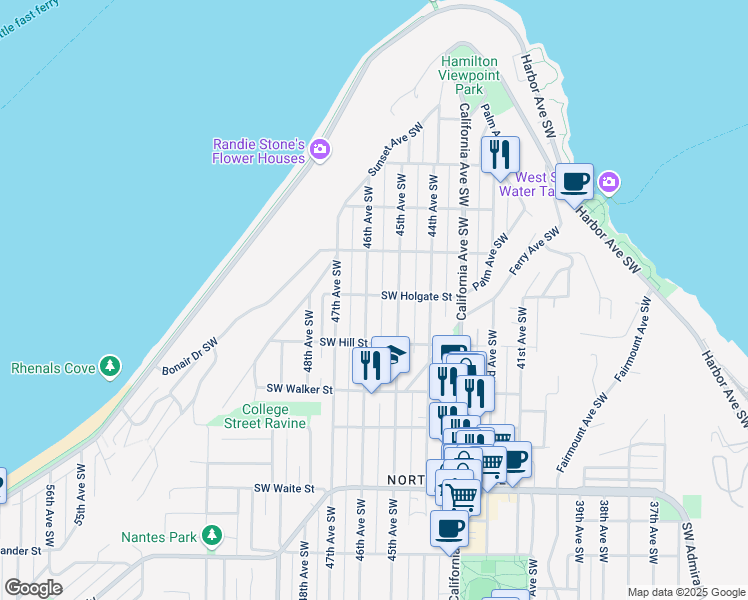map of restaurants, bars, coffee shops, grocery stores, and more near 1927 45th Avenue Southwest in Seattle
