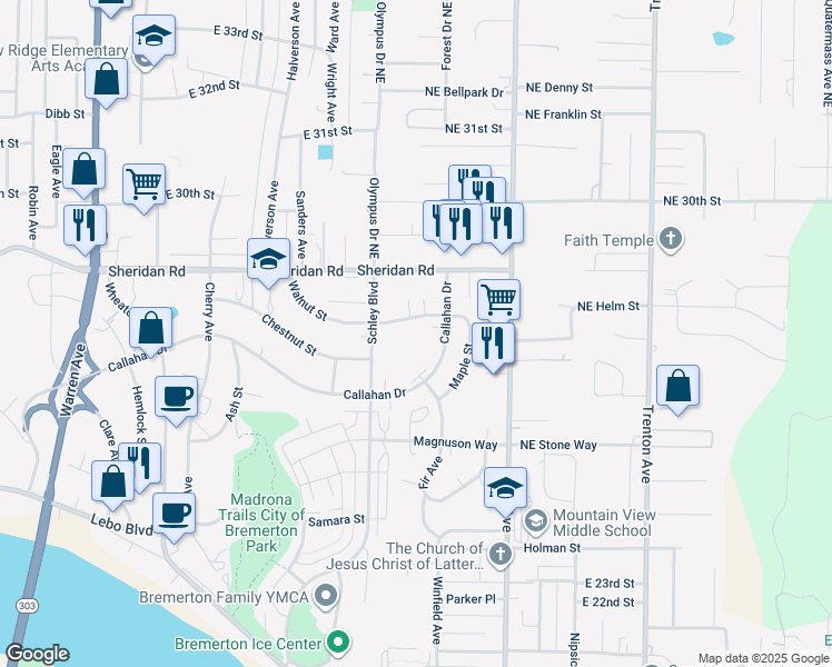 map of restaurants, bars, coffee shops, grocery stores, and more near 2710 Schley Boulevard in Bremerton