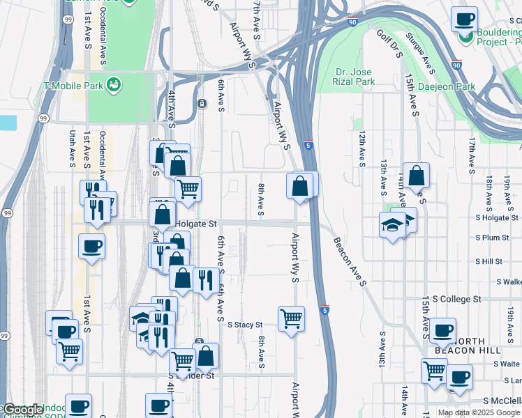 map of restaurants, bars, coffee shops, grocery stores, and more near 1850 8th Avenue South in Seattle