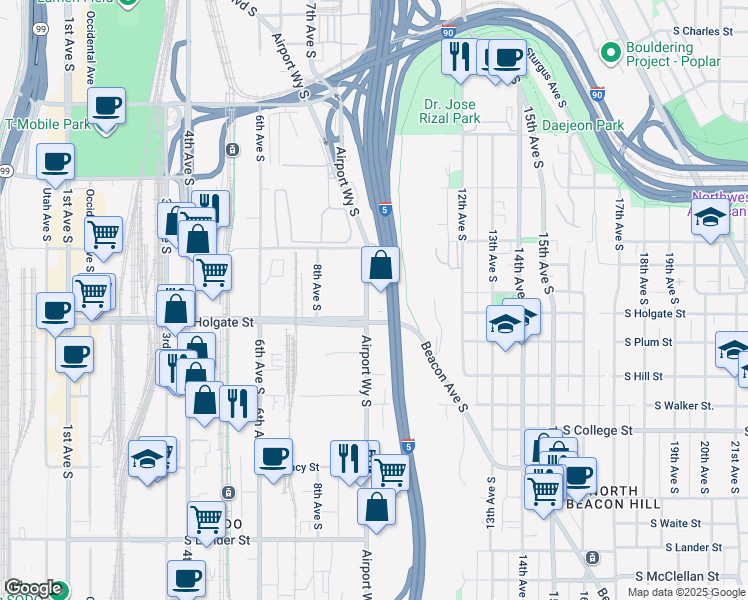 map of restaurants, bars, coffee shops, grocery stores, and more near 102 South Holgate Street in Seattle