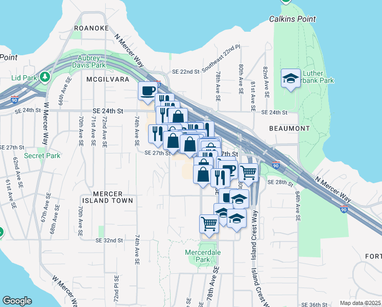 map of restaurants, bars, coffee shops, grocery stores, and more near 7650 Southeast 27th Street in Mercer Island