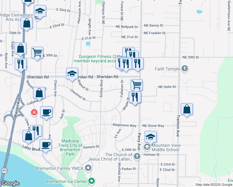 map of restaurants, bars, coffee shops, grocery stores, and more near 1120 Walnut Street in Bremerton