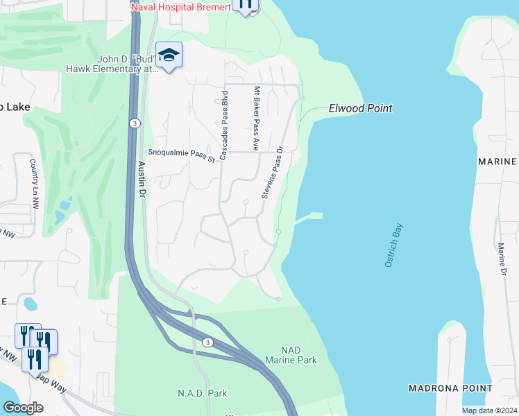 map of restaurants, bars, coffee shops, grocery stores, and more near 81 Haven Road in Bremerton