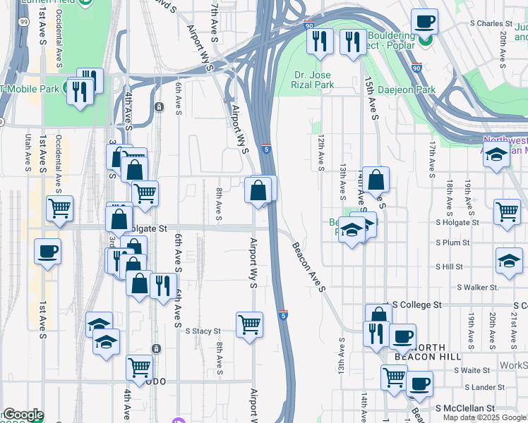 map of restaurants, bars, coffee shops, grocery stores, and more near 1718 Airport Way South in Seattle
