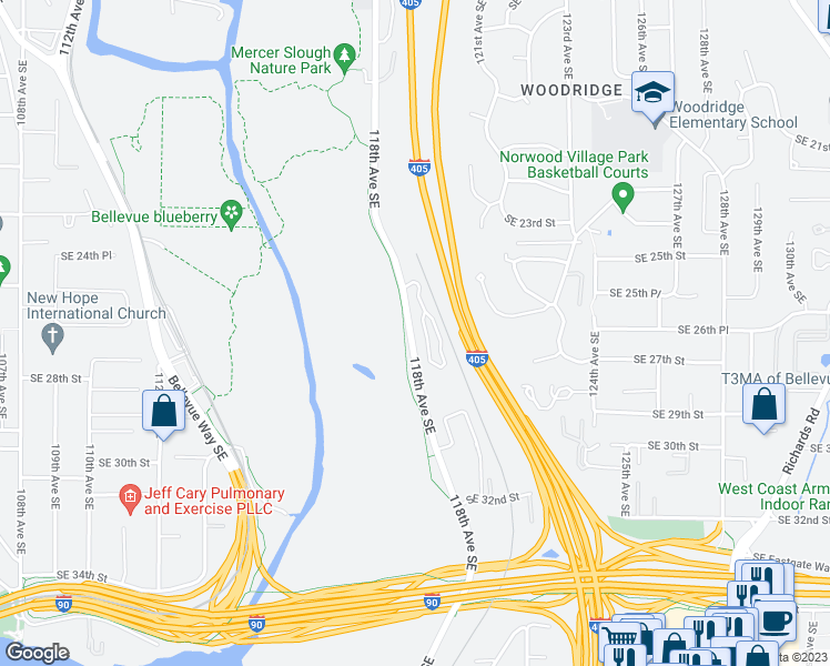 map of restaurants, bars, coffee shops, grocery stores, and more near 2580 118th Avenue Southeast in Bellevue
