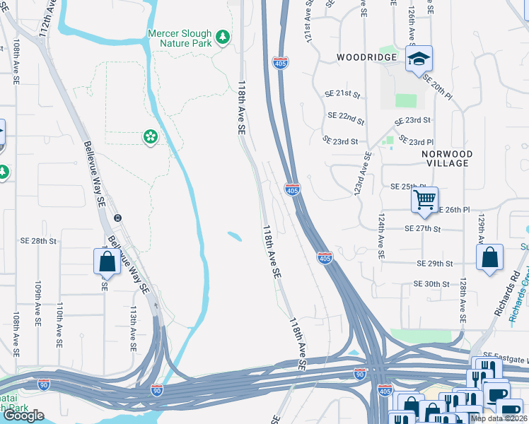 map of restaurants, bars, coffee shops, grocery stores, and more near 2580 118th Avenue Southeast in Bellevue