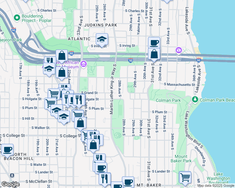map of restaurants, bars, coffee shops, grocery stores, and more near 1720 Martin Luther King Junior Way South in Seattle