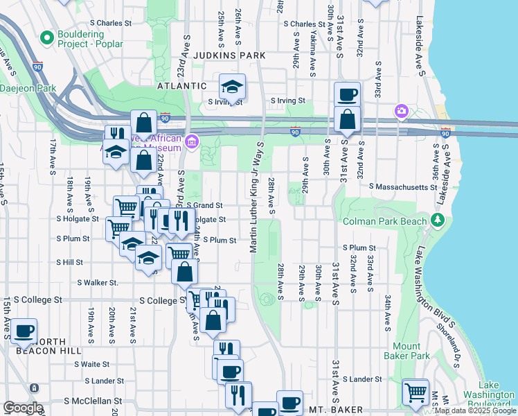 map of restaurants, bars, coffee shops, grocery stores, and more near 1720 Martin Luther King Junior Way South in Seattle