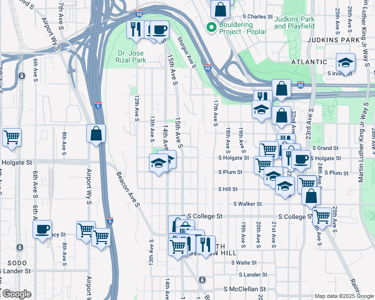 map of restaurants, bars, coffee shops, grocery stores, and more near 1761 16th Avenue South in Seattle