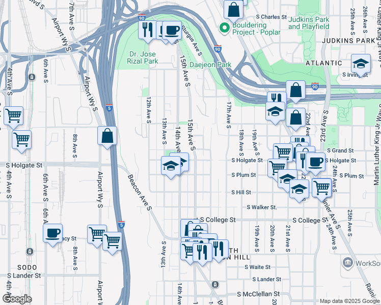 map of restaurants, bars, coffee shops, grocery stores, and more near 1758 14th Avenue South in Seattle
