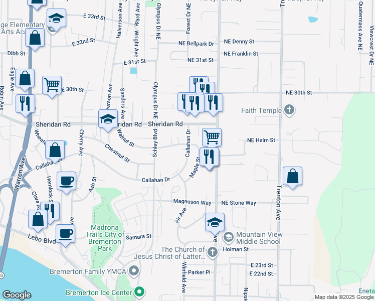 map of restaurants, bars, coffee shops, grocery stores, and more near 2809 Callahan Drive in Bremerton