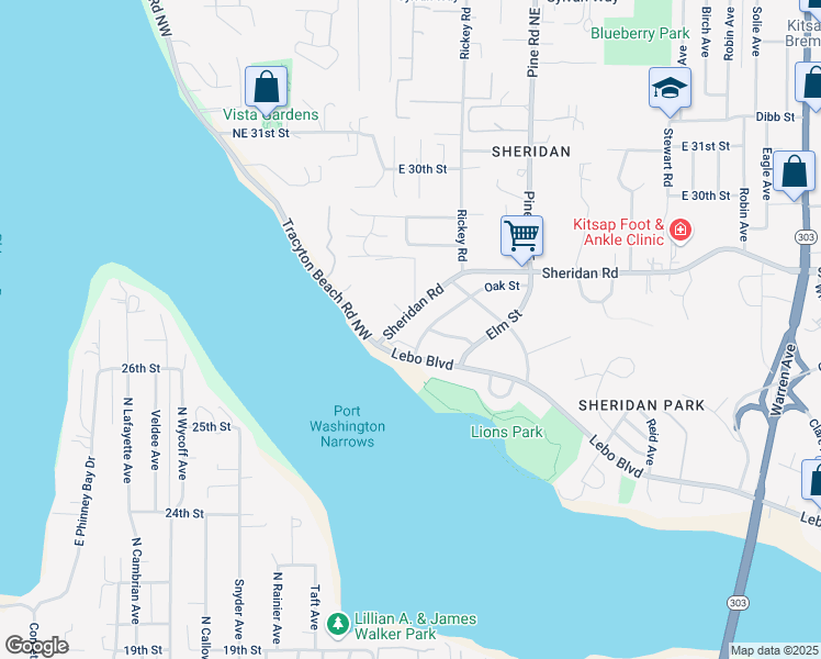 map of restaurants, bars, coffee shops, grocery stores, and more near 143 Sheridan Road in Bremerton