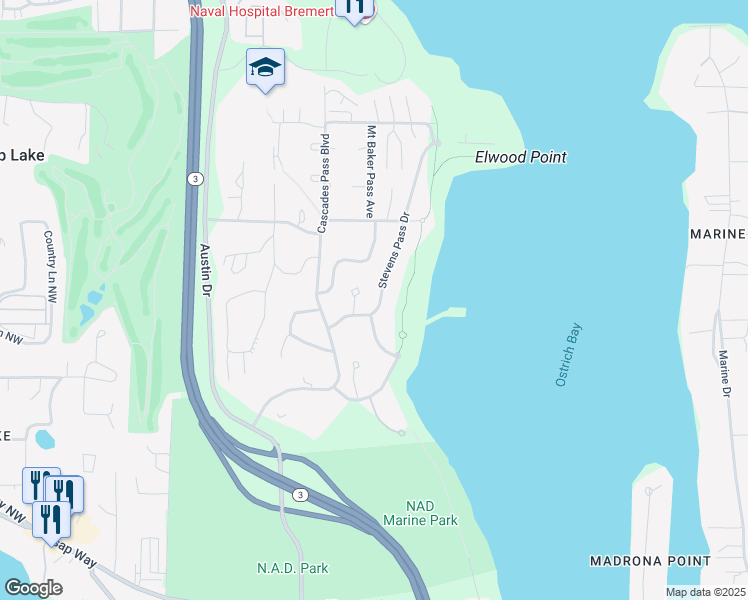 map of restaurants, bars, coffee shops, grocery stores, and more near 77-81 Haven Road in Bremerton