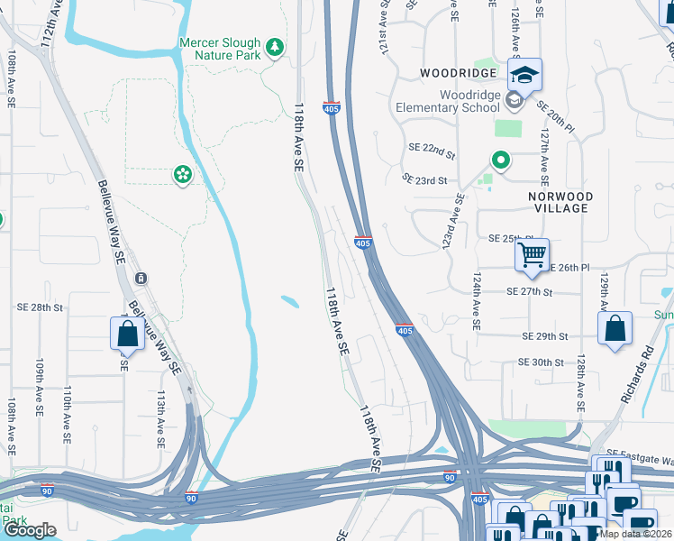 map of restaurants, bars, coffee shops, grocery stores, and more near 2630 118th Avenue Southeast in Bellevue