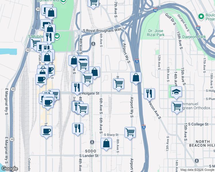 map of restaurants, bars, coffee shops, grocery stores, and more near 1762 6th Ave S in Seattle