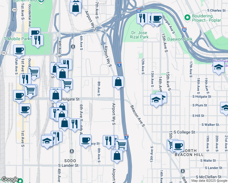 map of restaurants, bars, coffee shops, grocery stores, and more near 1751 Airport Way South in Seattle