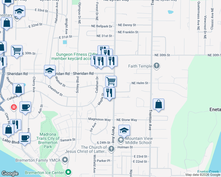 map of restaurants, bars, coffee shops, grocery stores, and more near 2768 Maple Street in Bremerton