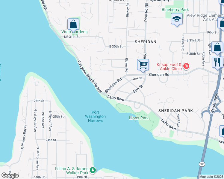 map of restaurants, bars, coffee shops, grocery stores, and more near 143 Sheridan Road in Bremerton