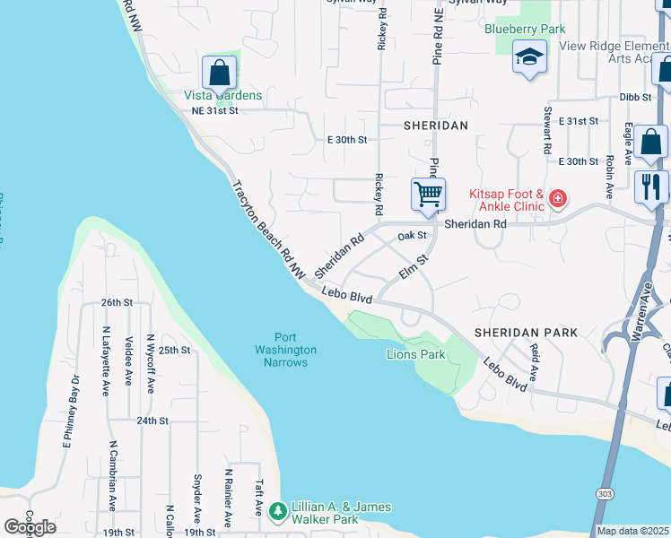 map of restaurants, bars, coffee shops, grocery stores, and more near 117 Sheridan Road in Bremerton