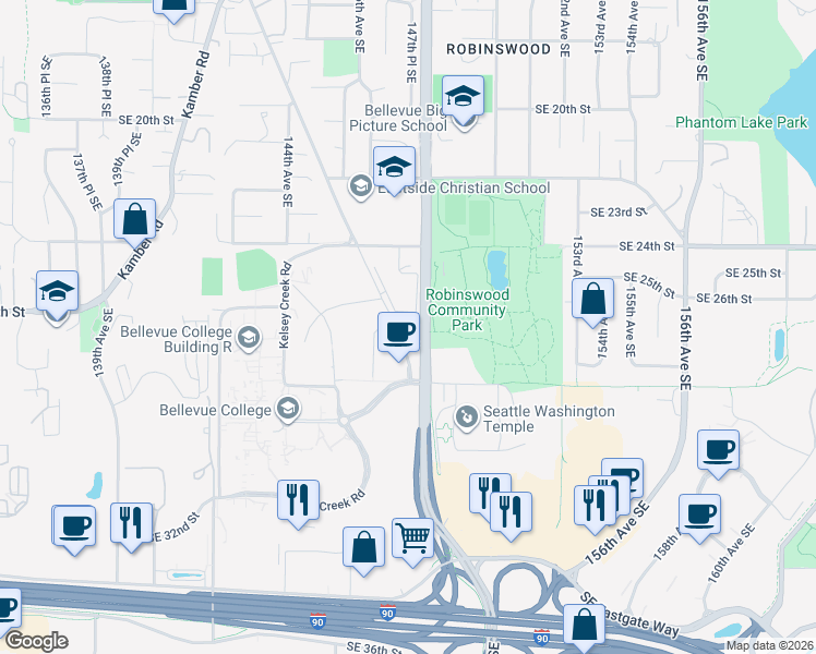map of restaurants, bars, coffee shops, grocery stores, and more near 2627 148th Avenue Southeast in Bellevue