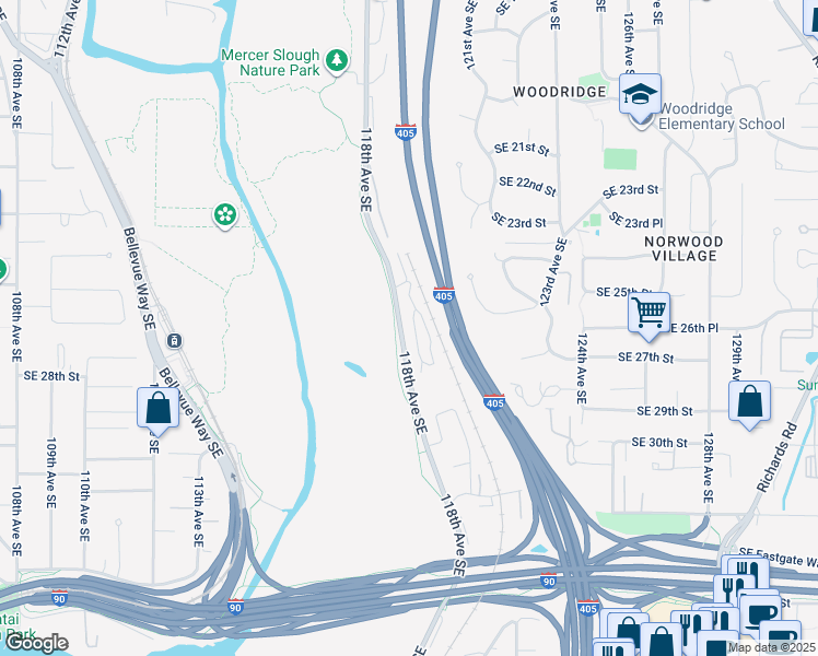 map of restaurants, bars, coffee shops, grocery stores, and more near 2580 118th Avenue Southeast in Bellevue