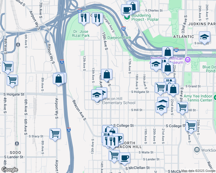 map of restaurants, bars, coffee shops, grocery stores, and more near 1758 14th Avenue South in Seattle