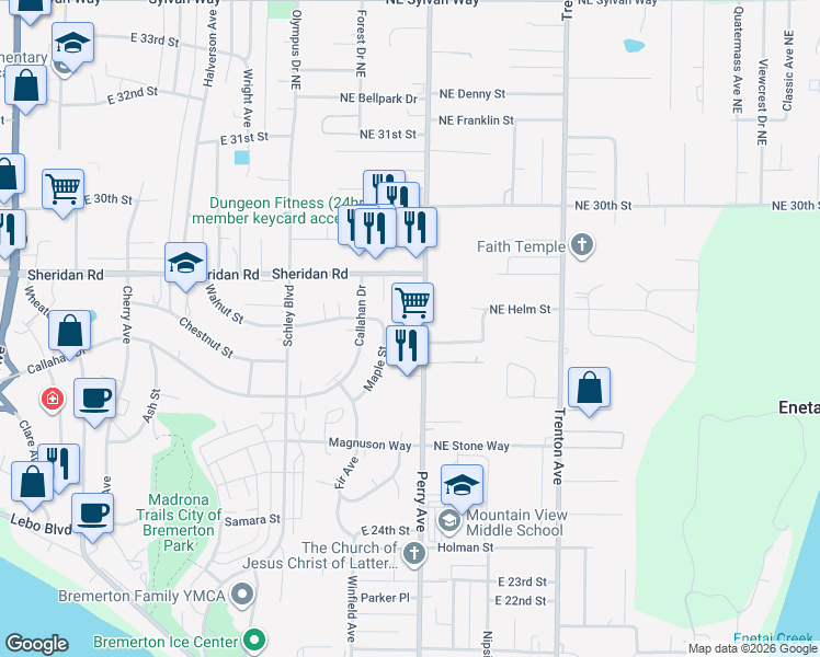 map of restaurants, bars, coffee shops, grocery stores, and more near 2768 Maple Street in Bremerton