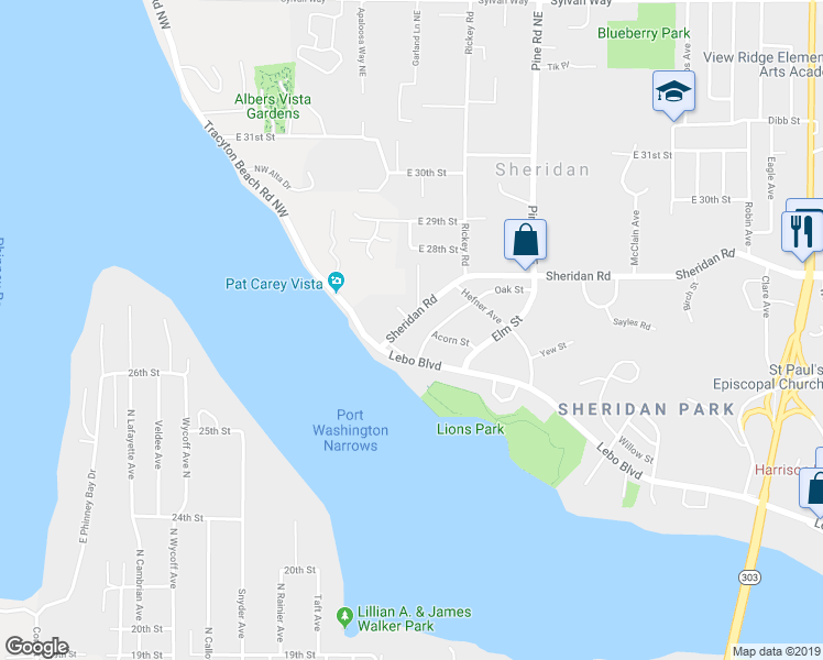 map of restaurants, bars, coffee shops, grocery stores, and more near 143 Sheridan Road in Bremerton