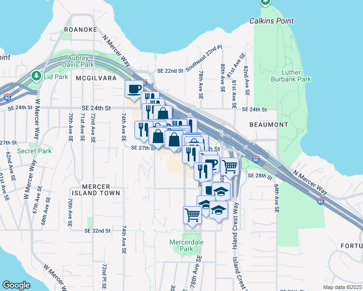 map of restaurants, bars, coffee shops, grocery stores, and more near 7650 Southeast 27th Street in Mercer Island