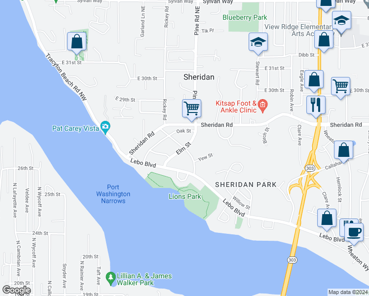 map of restaurants, bars, coffee shops, grocery stores, and more near 200 Elm Street in Bremerton