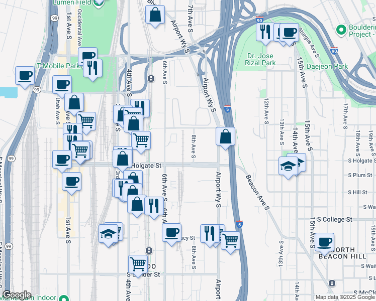 map of restaurants, bars, coffee shops, grocery stores, and more near 1700-1850 8th Ave S in Seattle