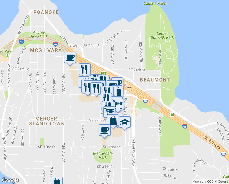 map of restaurants, bars, coffee shops, grocery stores, and more near 7800 Southeast 27th Street in Mercer Island