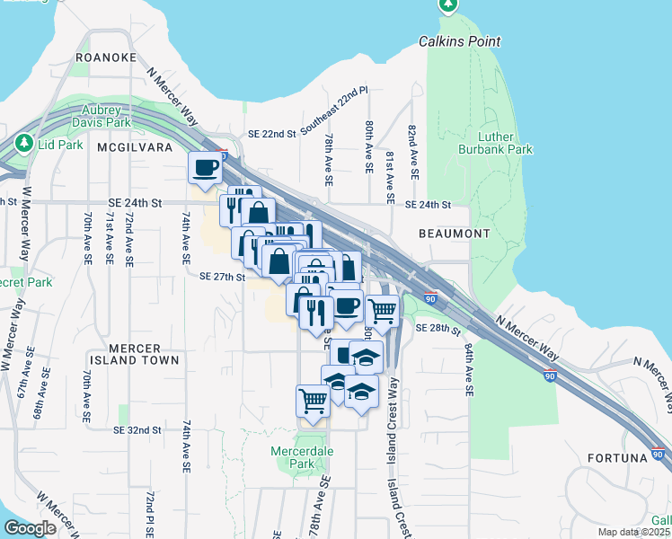 map of restaurants, bars, coffee shops, grocery stores, and more near 7785 Sunset Highway Southeast in Mercer Island