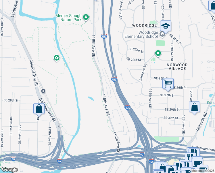 map of restaurants, bars, coffee shops, grocery stores, and more near 2580 118th Avenue Southeast in Bellevue