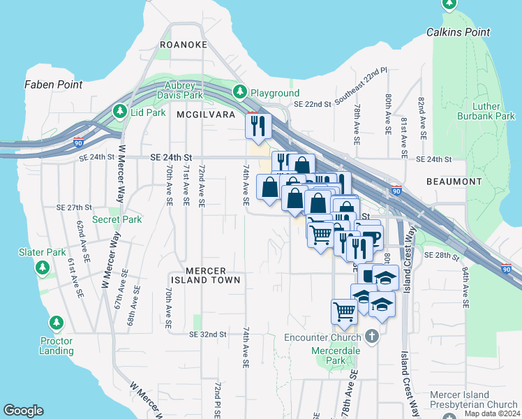 map of restaurants, bars, coffee shops, grocery stores, and more near 2450 74th Avenue Southeast in Mercer Island