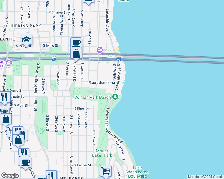 map of restaurants, bars, coffee shops, grocery stores, and more near 3515 South Massachusetts Street in Seattle