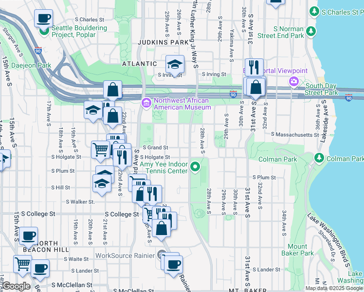 map of restaurants, bars, coffee shops, grocery stores, and more near 1725 26th Avenue South in Seattle