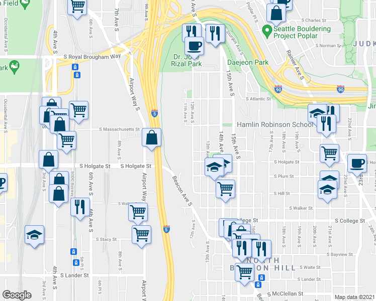 map of restaurants, bars, coffee shops, grocery stores, and more near 1729 12th Avenue South in Seattle