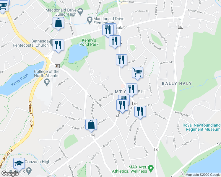 map of restaurants, bars, coffee shops, grocery stores, and more near 14 Tiffany Lane in St. John's
